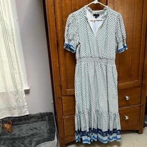 J Crew blue and white maxi dress with tiered skirt, puff sleeve, size small